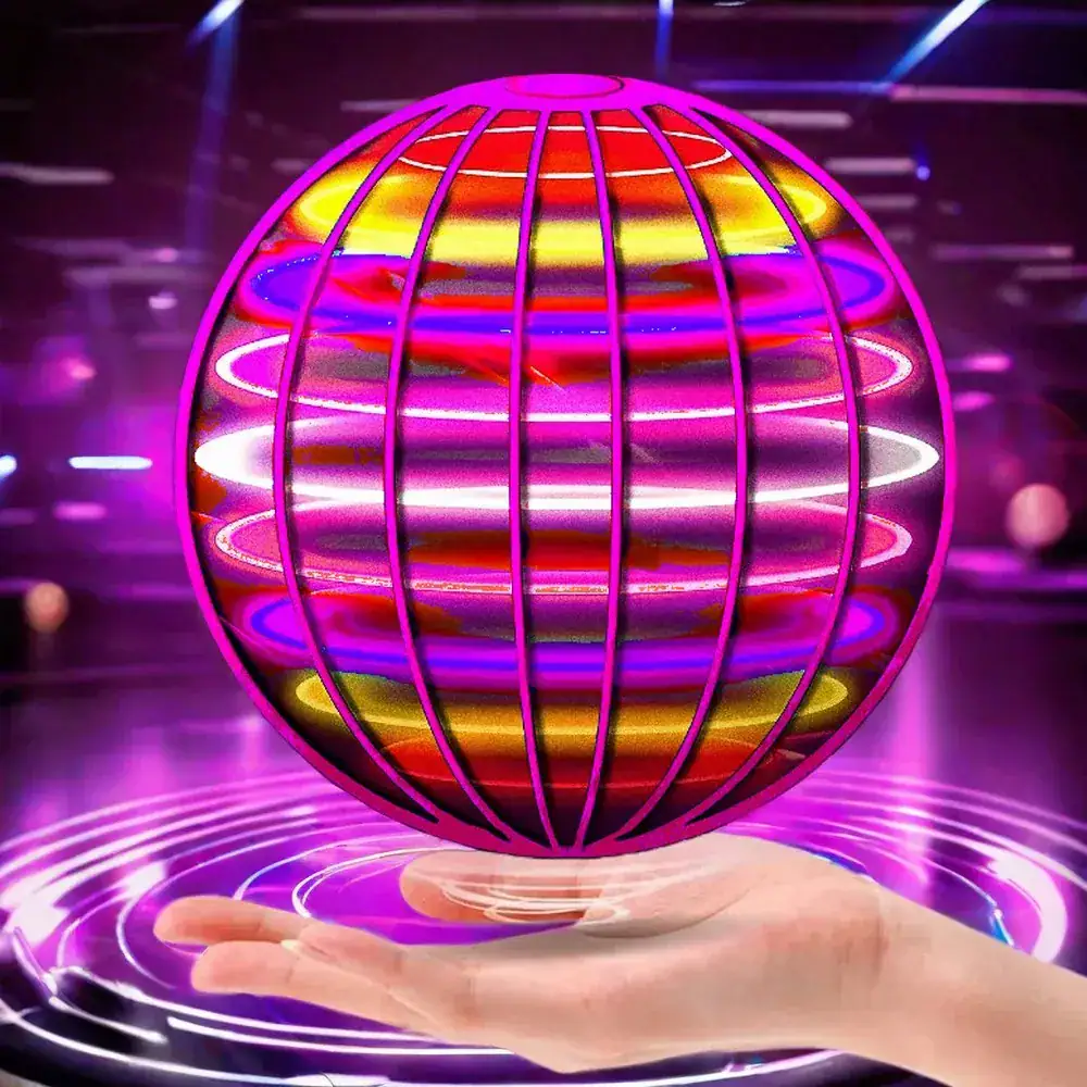 A vibrant, glowing neon globe with colorful light trails and grid lines, floating above a person's hand in a high-tech environment.