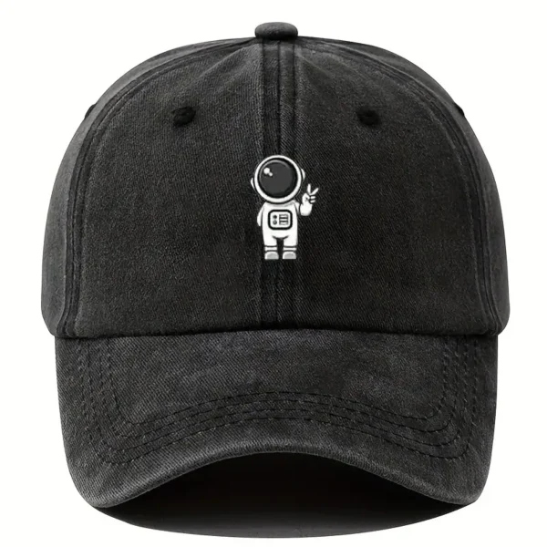 Black baseball cap featuring a small embroidered astronaut cartoon on the front, perfect for space enthusiasts and casual wear.