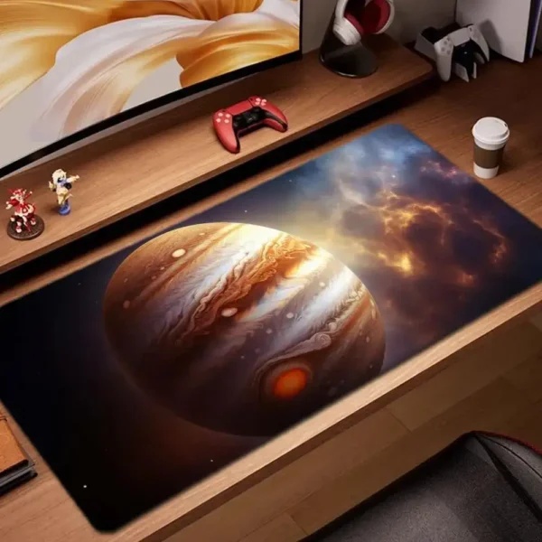 Space-themed desk mat featuring Jupiter and cosmic nebulae, perfect for science enthusiasts and gamers.