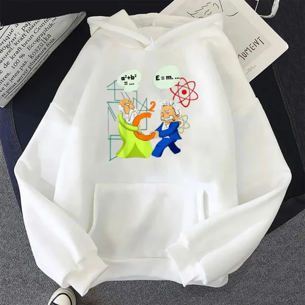 White hoodie featuring colorful cartoon illustrations of scientists and scientific formulas, perfect for science enthusiasts and students.