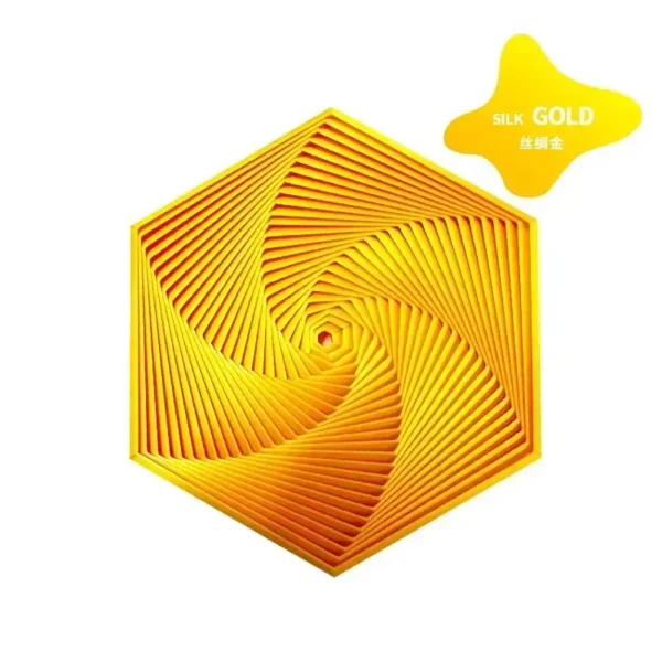A vibrant gold silk geometric decor piece featuring a spiral pattern within a hexagon shape, perfect for science-inspired home or office decor.