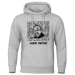 Gray hoodie featuring a cartoon-style illustration of Albert Einstein with his tongue out, surrounded by scientific formulas and symbols, perfect for science enthusiasts and educators.