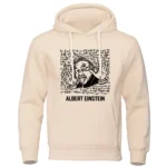 Humorous hoodie featuring a cartoon of Albert Einstein with a playful expression, surrounded by scientific formulas and symbols, perfect for science enthusiasts and educators.