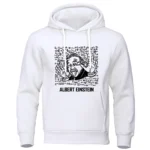 White hoodie featuring a cartoon of Albert Einstein with a playful expression, surrounded by scientific formulas and symbols, perfect for science enthusiasts and educational settings.