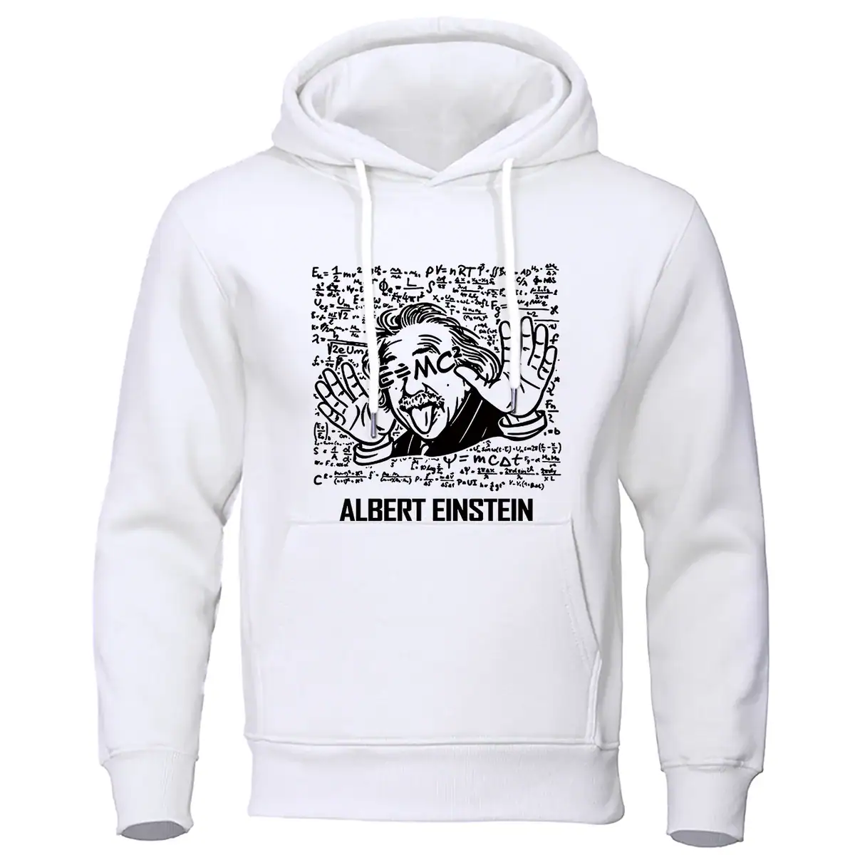 White hoodie featuring a cartoon of Albert Einstein with a playful expression, surrounded by scientific formulas and symbols, perfect for science enthusiasts and educational settings.