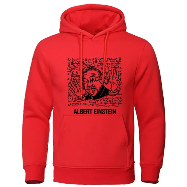 Red hoodie featuring a black graphic illustration of Albert Einstein with playful elements and handwritten notes, perfect for science enthusiasts and casual wear.