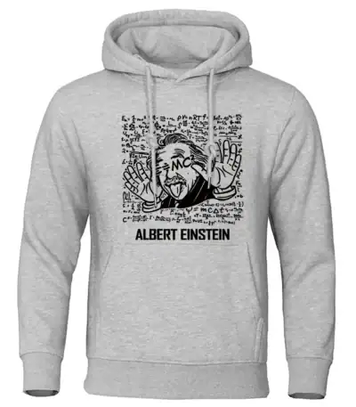 Gray hoodie featuring a cartoon-style illustration of Albert Einstein with his tongue out, surrounded by scientific formulas and symbols, perfect for science enthusiasts and educators.
