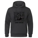 Dark gray hoodie featuring a stylized graphic of Albert Einstein with playful elements and scientific symbols, perfect for science enthusiasts and students.