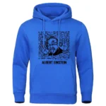 Bright blue hoodie featuring a black graphic of Albert Einstein with scientific formulas and the text "ALBERT EINSTEIN" below. Perfect for science enthusiasts and educational settings.