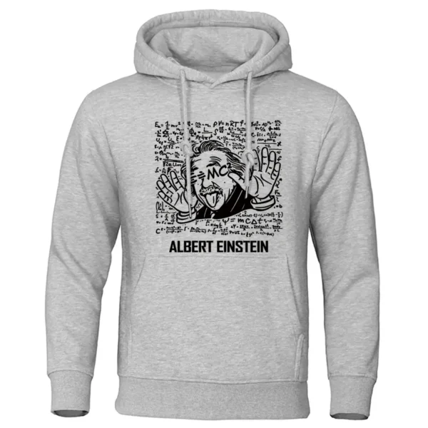 Gray hoodie featuring a cartoon-style illustration of Albert Einstein with his tongue out, surrounded by scientific formulas and symbols, perfect for science enthusiasts and educators.