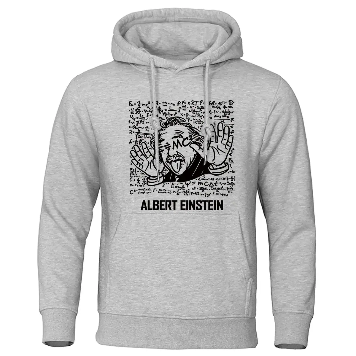 Albert Einstein Science Hoodie with Graphic Design Gray hoodie featuring a cartoon-style illustration of Albert Einstein with his tongue out, surrounded by scientific formulas and symbols, perfect for science enthusiasts and educators.