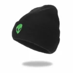 Black beanie hat featuring a small green alien head logo, perfect for science lovers and space enthusiasts. Comfortable, stylish, and ideal for casual wear or science-themed events.