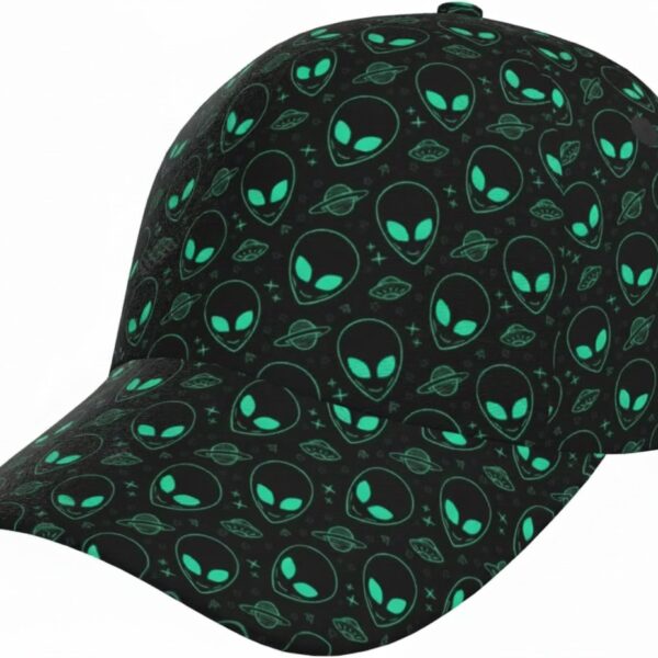 Black baseball cap featuring a pattern of glowing green alien heads and planets, perfect for sci-fi fans and casual wear.