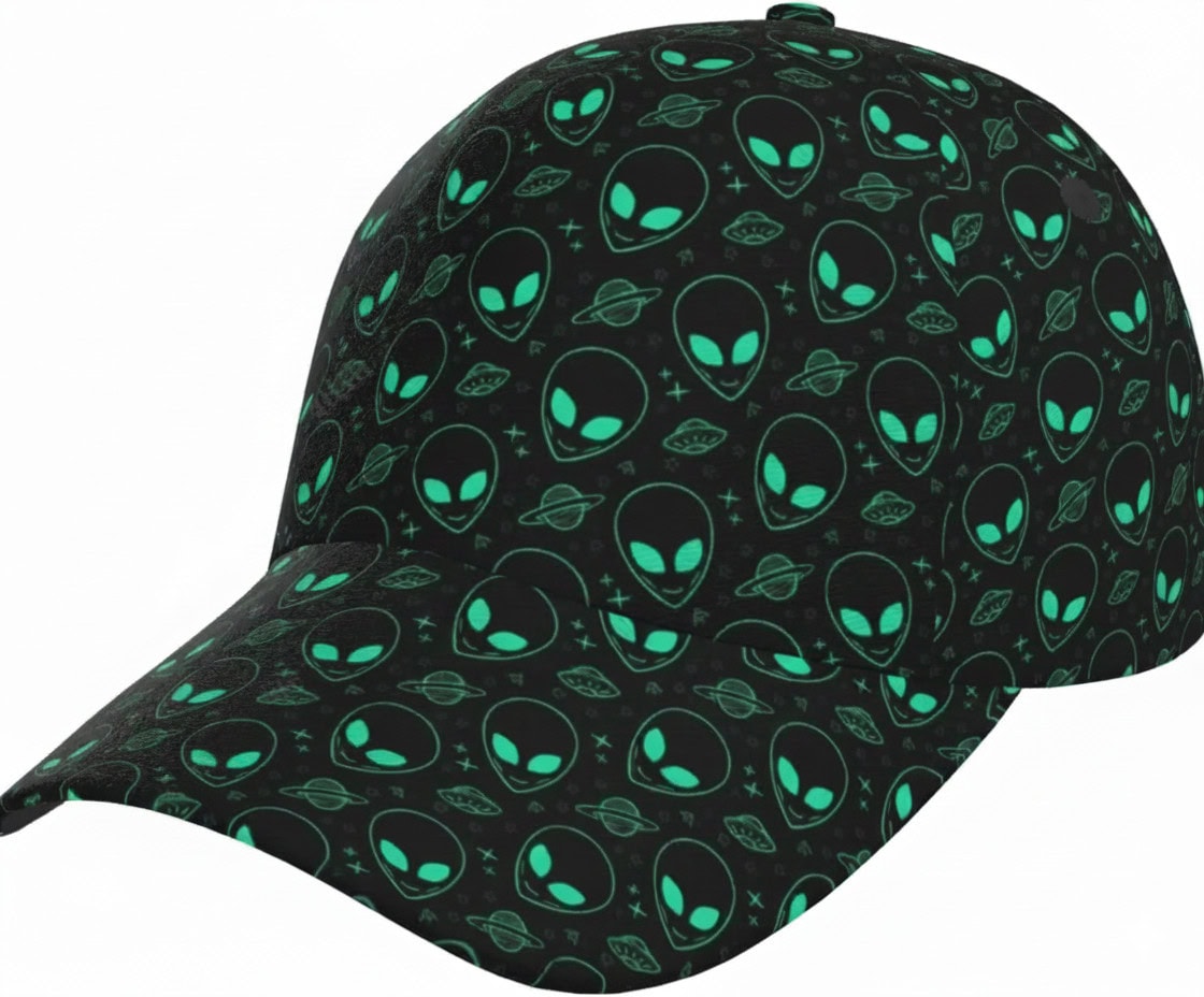 Alien Head Pattern Baseball Cap Black baseball cap featuring a pattern of glowing green alien heads and planets, perfect for sci-fi fans and casual wear.