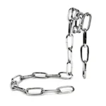 Silver chain necklace and bracelet with elongated oval links, stylish and modern jewelry accessories.