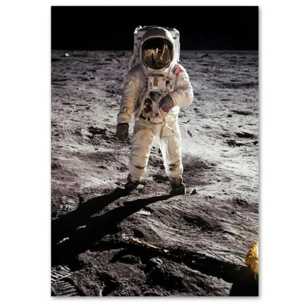 Astronaut in a spacesuit standing on the lunar surface during a moon landing mission, with shadows and lunar terrain visible.