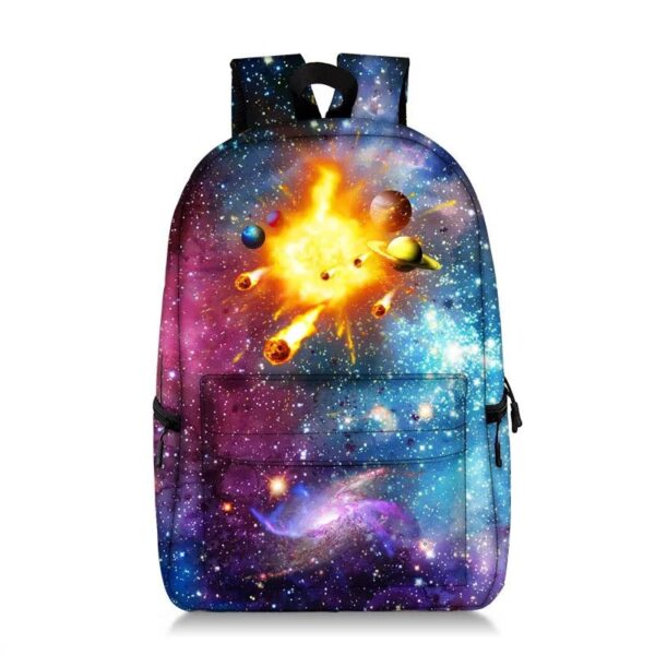 Colorful galaxy-themed backpack featuring planets, stars, and a fiery explosion design, perfect for science enthusiasts and young explorers.
