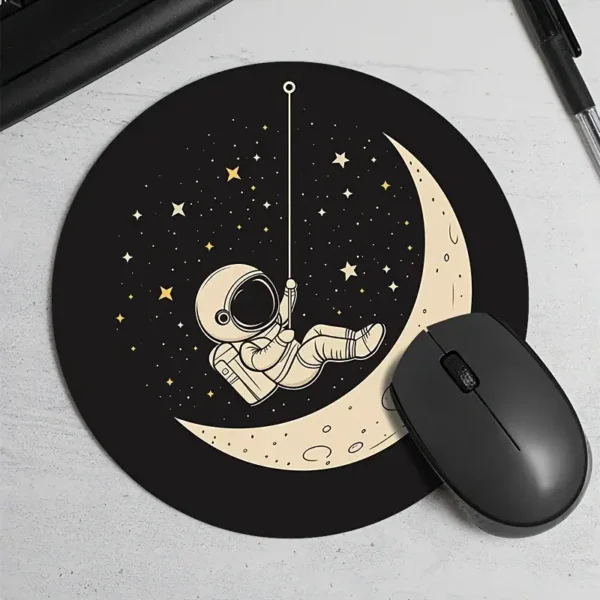 Astronaut illustration on a round mouse pad featuring a moon and starry sky, perfect for science and space enthusiasts.