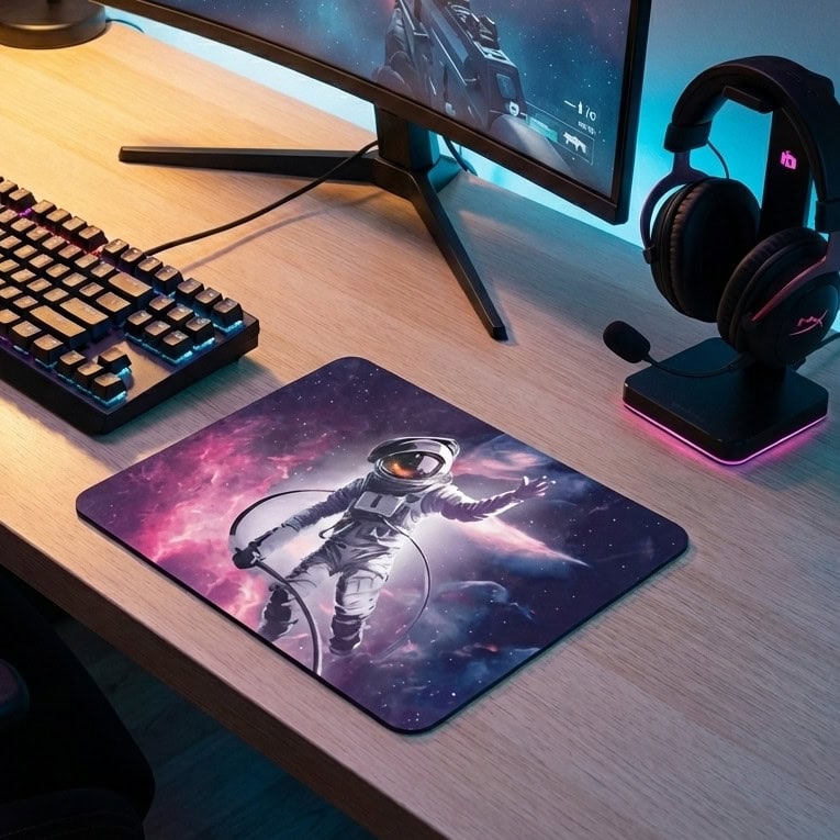 Astronaut-themed space mouse pad featuring a detailed astronaut in a cosmic background, ideal for gaming and workspace decor.