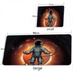 Space-themed astronaut wall art set featuring large and small prints with dimensions, perfect for science decor and educational display.