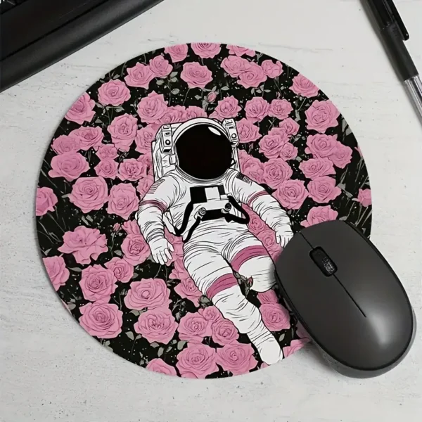 Astronaut-themed mouse pad featuring a detailed illustration of an astronaut floating above a bed of pink roses, perfect for science and space enthusiasts.