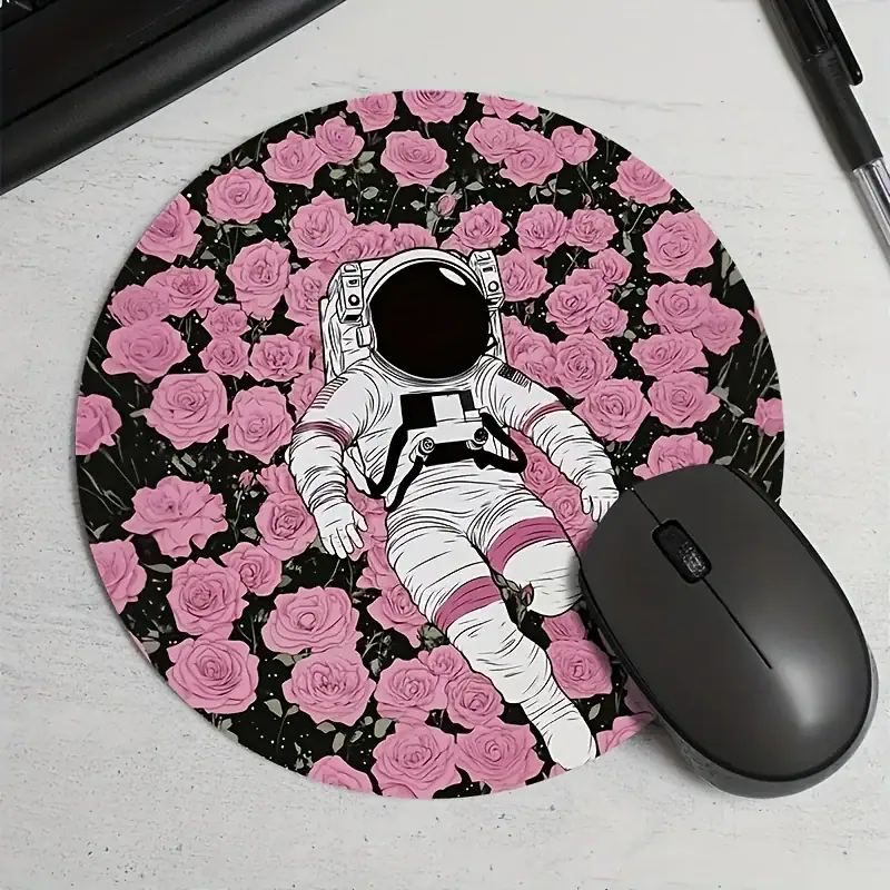 Astronaut Mouse Pad with Pink Roses Design Astronaut-themed mouse pad featuring a detailed illustration of an astronaut floating above a bed of pink roses, perfect for science and space enthusiasts.