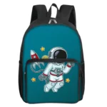 Colorful kids' backpack featuring a space explorer astronaut, rocket, and stars on a blue background, perfect for school or science-themed activities.