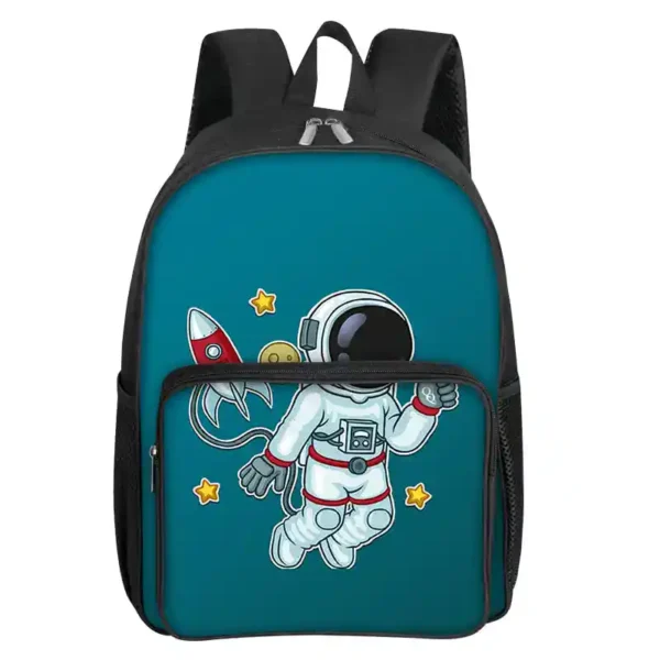 Colorful kids' backpack featuring a space explorer astronaut, rocket, and stars on a blue background, perfect for school or science-themed activities.