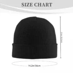 A black knitted beanie hat with a folded brim, designed for warmth and style. The size chart indicates the hat measures 21cm in height and 14.2 inches in circumference, suitable for various head sizes.