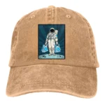 Brown baseball cap featuring a detailed astronaut illustration holding two blue bags, set against a space-themed background. Perfect for science enthusiasts and space lovers.