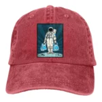 Red vintage-style baseball cap featuring a graphic of an astronaut holding science gadgets, perfect for space and science enthusiasts.