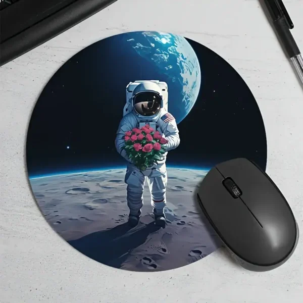 Astronaut holding a bouquet of pink flowers on the Moon with Earth visible in the background, showcasing space exploration and love.