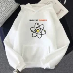 White hoodie featuring a colorful atom graphic and "Quantum Physics" text, perfect for science enthusiasts and students.