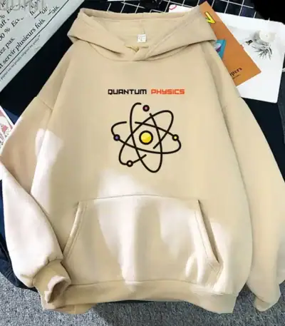 Beige hoodie featuring a black and yellow atomic structure graphic with the text "Quantum Physics" in red, perfect for science enthusiasts and educational settings.