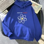 Blue hoodie featuring a white atom graphic and "Quantum Physics" text, perfect for science enthusiasts and students.