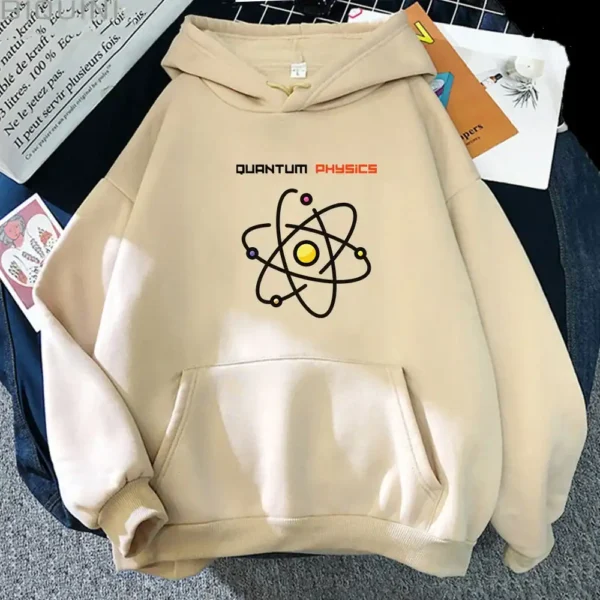 Beige hoodie featuring a black and yellow atomic structure graphic with the text "Quantum Physics" in red, perfect for science enthusiasts and educational settings.