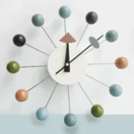 Contemporary wall clock featuring colorful spheres and geometric shapes, ideal for modern home decor and educational spaces.