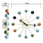 Stylish atomic wall clock with colorful spheres representing atoms, perfect for science decor and educational spaces. Measures 330mm in diameter with a sleek design.
