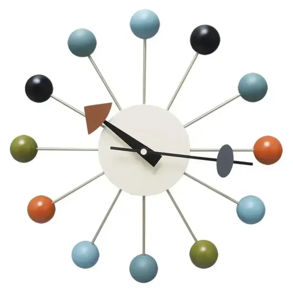 A stylish atomic-themed wall clock featuring colorful spheres representing electrons orbiting a central white clock face, ideal for science enthusiasts and educational spaces.