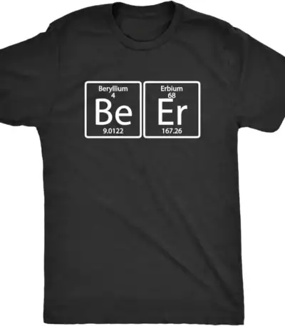 Black T-shirt featuring the chemical symbols for Beryllium (Be) and Erbium (Er) from the periodic table, with atomic numbers and weights.