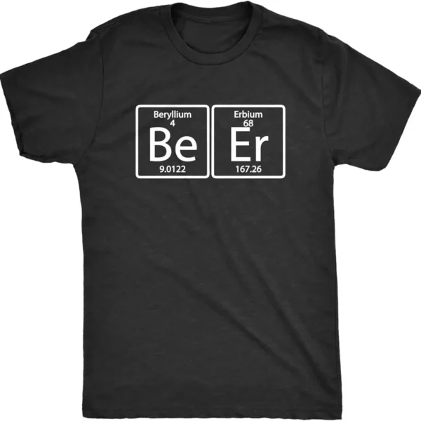 Black T-shirt featuring the chemical symbols for Beryllium (Be) and Erbium (Er) from the periodic table, with atomic numbers and weights.