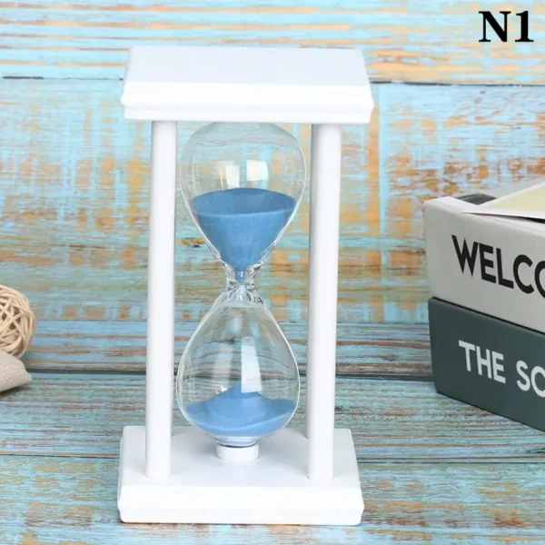 Clear sand timer with blue sand in a white frame, ideal for science experiments, time management, and educational decor.