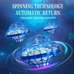 Three futuristic blue aero crafts with spinning technology, floating in space with glowing trails, demonstrating automatic return and advanced aerodynamics.