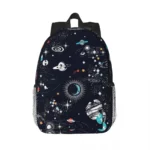 Colorful galaxy-themed backpack featuring planets, stars, and space illustrations, ideal for students and space enthusiasts.