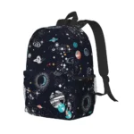 Colorful space-themed backpack featuring planets, stars, and galaxies, ideal for students interested in science and astronomy.