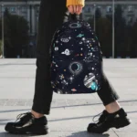 Stylish backpack featuring a vibrant galaxy and space print, perfect for students and science enthusiasts.