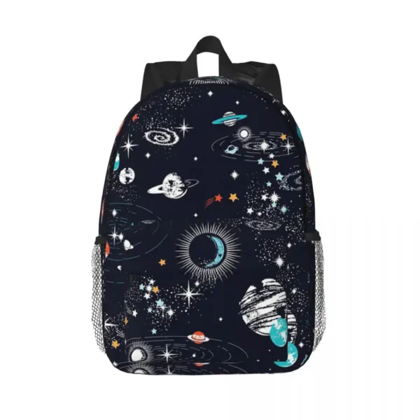 Colorful galaxy-themed backpack featuring planets, stars, and space illustrations, ideal for students and space enthusiasts.