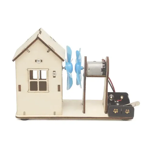 Wooden mini wind turbine model with blue blades, small motor, and battery holder, ideal for science education and demonstrating renewable energy concepts.
