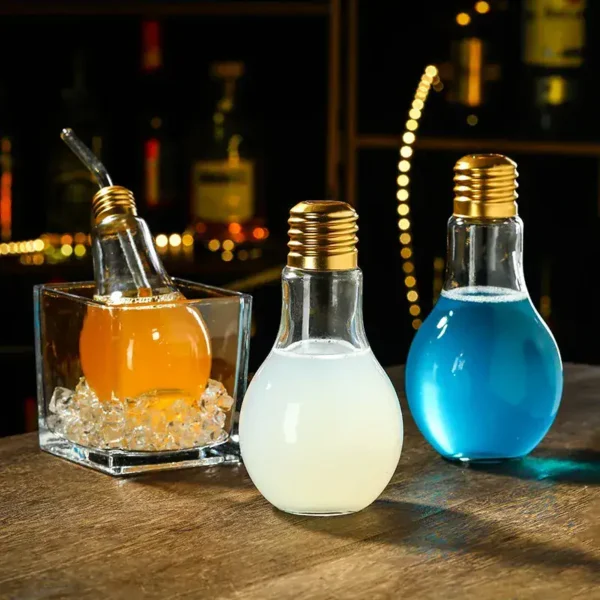 Colorful lightbulb-shaped bottles filled with vibrant liquids, perfect for science-themed decor and educational purposes.
