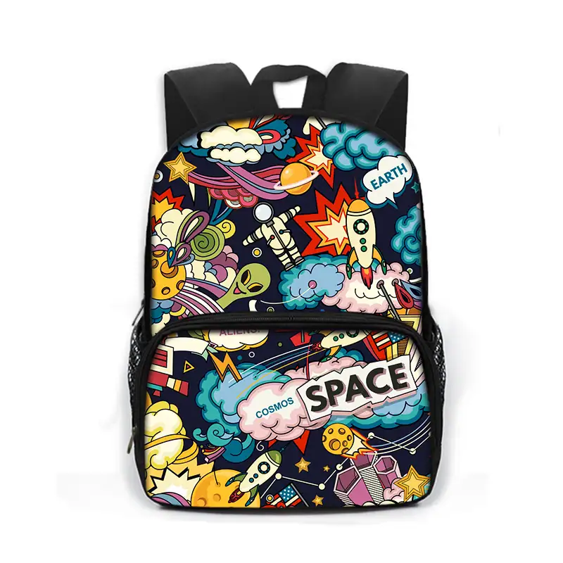 Colorful Space-Themed Kids Backpack with Rockets and Planets Bright space-themed children's backpack featuring rockets, planets, stars, and clouds in vibrant colors. Perfect for school, travel, or educational activities for young space enthusiasts.